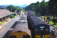 A Branch Line Society DMU special to Mallaig stands at Spean Bridge on 1 September 1968 awaiting the passage of a freight, which is running past at speed behind a pair of EE Type 1s. Unfortunately, the lad with the camera bottom right appears to have just missed it. [See image 33953]<br>
<br><br>[Bruce McCartney 01/09/1968]