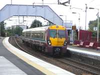 334 036 at Clydebank on 8 August 2009, with its next and final stop Dalmuir, as is the pattern 4 times an hour for most of the day.<br><br>[David Panton 08/08/2009]