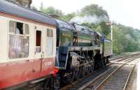 <I>Evening Star</I> waits to leave Goathland to run down the hill to Grosmont in July 1986.<br>
<br><br>[Colin Miller /07/1986]