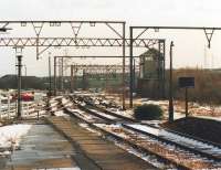 View east from Penistone Station seven years after the last train had used the route through Woodhead tunnel, with the only obvious change being the removal of the overhead wires.<br><br>[David Pesterfield 10/02/1988]