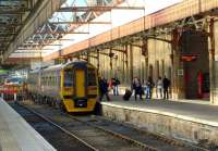 A 158 Alphaline set with First ScotRail vinyls recently arrived at Perth platform 5 on 21 August 2009. <br>
<br><br>[Brian Forbes 21/08/2009]