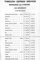 <I>Good morning campers!</I> Summer Saturday through services from Edinburgh's Princes Street station to Heads of Ayr in 1962, aimed primarily at holidaymakers destined for Butlin's Holiday Camp. (The station at Heads of Ayr closed in September 1968 and the site of the former Butlin's Camp is now the Craig Tara Holiday Park.)<br><br>[Colin Miller 22/08/1998]