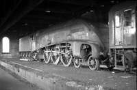 A4 no 60026 <i>Miles Beevor</i> photographed at the rear of Galashiels shed in January 1964. (The shed had been officially closed since April 1962.) The A4 appears to have been stored here for a period following transfer away from New England in late 1963. 60026 was subsequently moved to Bathgate for a time, again in store, prior to being returned to operational status at Ferryhill on 13 April 1964. [See image 30104] <br><br>[Robin Barbour Collection (Courtesy Bruce McCartney) 12/01/1964]