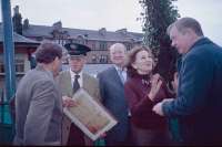 Photograph taken on the occasion of the opening of Maxwell Park Station community meeting room by Pollokshields Heritage. Left to right are Jim Cornell, Jack Kernahan, Niall Murphy, Karin Spalter and Tom Harris MP.<br><br>[John Yellowlees /01/2009]