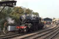 Ivatt Class 4 <I>Flying Pig</I> 2-6-0 no 43106 at Bridgnorth in October, 1985. The locomotive is due to return to service in 2009 after 20 years out of action. [Built at Darlington in 1951 and withdrawn from 24C Lostock Hall in 1968, it is the only one of the 162 examples of the class to have survived into preservation.] [See image 39850] <br>
<br><br>[Andy Carr 26/10/1985]
