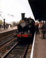 Photo stop at Gobowen for the passengers on the <I>Cam Camwell 80th Birthday Special</I>, a surprise trip for W. A. Camwell organised by friends and which ran Wolverhampton to Shrewsbury, behind Green Class 47 47484<I> Isambard Kingdom Brunel</I>, Shrewsbury Chester Stockport behind the LNWR Coal Tank seen here and then back to Wolverhampton behind AC Electric 86103 <I>Andre Chapelon</I>. Photograph by Mark Bartlett<br><br>[W A Camwell Collection (Courtesy Mark Bartlett) 18/10/1986]