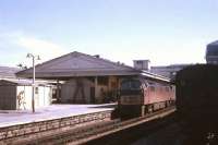 A maroon <I>Western</I> class diesel hydraulic arrives at Newton Abbot with an eastbound parcels train on 30 July 1969.<br><br>[John McIntyre 30/07/1969]