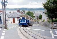 Britain's only cable operated street tramway and one of just three surviving worldwide, the Great Orme Tramway in Llandudno, photographed in July 1991, with Great Orme Tram no 5 in action on the lower section. <br>
<br><br>[Colin Miller /07/1991]