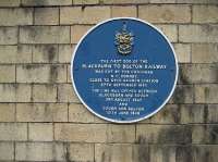 The plaque fixed to the wall of the current Darwen station marking the cutting of the first sod of the Blackburn to Bolton railway on 27 September 1845 and the opening of the Blackburn to Sough section on 03 August 1847. The remaining part from Sough to Bolton opening on 12 June 1848. Sough was the location of an accident in 1857 when a loco boiler exploded. 110 years later and this time in the tunnel there was another accident when a DMU caught fire inside the tunnel.<br><br>[John McIntyre 17/05/2008]