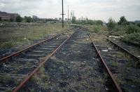 Rothesay Dock yard in 1987 looking away from the dock with the Clyde on the right. This dock was built with coal hoists on the north side and strip coil and iron ore import on the south side - the yard was laid out in a similar manner. The railway was a joint CR and NBR line and much of the traffic went by the Caley's line round via Possil to reach Gartcosh, Coatbridge and the Lanarkshire steelworks. By the 1980s the dock and remaining sidings were associated with the import of iron ore (as was General Terminus) until both were replaced by the new Hunterston Ore Terminal. By 1987 the sidings had been out of use for some time and had a bank of rubble piled over the yard's throat. Despite a brief revival, for which new track was laid, in the 1990s the railway went out of use. This brief use was for importing coal for Kincardine Powerstation. The dock has seen a huge revival in recent years and now has a shiplift. In the distance is a pylon at the former Yoker Powerstation and the cranes of Yarrow Shipbuilders. In the distant left is the rather long footbridge over the yard lines.<br><br>[Ewan Crawford 18/05/1987]