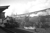 Interesting lineup of steam locomotives at the south end of Carlisle station in the mid 1960s comprising, from the left, 41222, 45697 <I>Achilles</I> and 45295.<br>
<br><br>[K A Gray //]