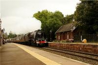 Coming to the end of its current spell on the main line, LMS Coronation Pacific no 6233 'Duchess of Sutherland' heads south through Armathwaite station on 19 September 2009. The railtour was called the 'Tyne Valley Tourer' and had started at Peterborough and travelled via York where 6233 had taken over. It headed north on the ECML from York before turning west towards Carlisle just prior to Newcastle.<br><br>[John McIntyre 19/09/2009]