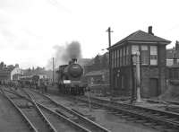 54465 at Bo'ness during the Branch Line Society rail tour from Polmont on 7 May 1960. The pair of ex-Caledonian coaches used on the tour can be seen in the background.<br>
<br><br>[Stuart Sellar 07/05/1960]