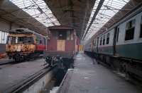 After closure of Hyndland Depot the site was used to store crash damaged 303s and brake vans. Access by kind permission of British Rail.<br><br>[Ewan Crawford //1987]