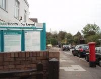 The entrance to Heath Low Level, on the Coryton branch, is down a narrow <I>ginnel</I> between houses. Heath High Level, on the Rhymney line, is very close by. The girder bridge in the background is at the end of that station's platforms with the entrance by the orange road sign. <br><br>[Mark Bartlett 18/09/2009]