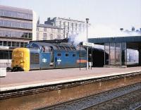 55021 <I>Argyll and Sutherland Highlander</I> heads for 64B, having recently arrived at Waverley with a train on the ECML. The Deltic is seen running west through platform 2 of Haymarket station on 21 April 1981.<br><br>[Peter Todd 21/04/1981]