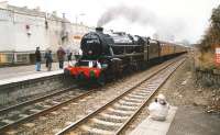 44871 runs into Clarkston station <I>wrong line</I> in December 1993 with an SRPS <I>Santa Special</I> to East Kilbride.<br><br>[Ken Browne /12/1993]