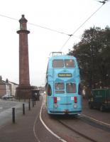 Blackpool <I>Balloon Car</I> No. 719 runs down Pharos Street (I wonder where that name came from) in Fleetwood at the start of its run to Blackpool. This is part of the turning circle at Fleetwood Ferry and the tram is about to join the double track section along Fleetwood's main street. <br><br>[Mark Bartlett 06/10/2009]