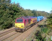 EWS 67 004 with the daily railhead treatment train (RHTT) nearing Arbroath station on 7 October 2009.<br><br>[Sandy Steele 07/10/2009]