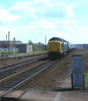 A serious looking Deltic no 55006 <I>The Fife and Forfar Yeomanry</I> in the process of ignoring the town of Newark as it passes through with a late afternoon ECML express on 9 May 1979.<br><br>[Peter Todd 09/05/1979]