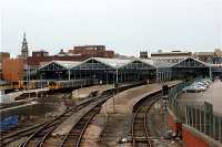 Looking west over the approach to Southport station on 15 October 2009. The Merseyrail platforms (1 to 3) are on the left and the Northern Rail platforms (4 to 6) are on the right. Merseyrail Class 507 and 508 units sit in Platform 1 and 2 and on the far left a pair of units sit in the Wallside siding. Northern Class 142s wait their next duties eastbound on platforms 5 & 6.<br><br>[John McIntyre 15/10/2009]