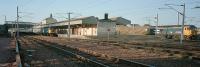 Carstairs, 1987. 47s rule okay! (There were several others in the old shed site, off to the right.) View looks to Glasgow and shows the fine old station building and canopies.<br><br>[Ewan Crawford /11/1987]