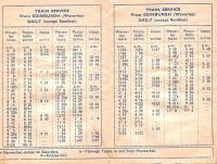 Extract from a pocket timetable valid 18 June to 8 September 1962 <br>
showing a summary of services between Waverley, Portobello and Joppa.<br>
Even allowing for the fact that some services are SX (dagger) or SO <br>
(asterisk) the service to Portobello is impressive, with up to eight <br>
trains an hour, though with little discernable pattern! <br>
<br><br>[David Panton 16/06/2006]