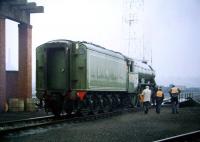 Ex-LNER A3 Pacific no 4472 <I>Flying Scotsman</I> about to be turned at Perth New Yard. The photograph is thought to have been taken in the early 1980s. Note the base of the former water tower on the left. [With thanks to Gary Straiton]  <br>
<br><br>[Larry Addley 01/10/1983]