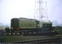 Gresley A3 Pacific no 4472 <I>Flying Scotsman</I> on the turntable at Perth New Yard in the early 1980s. [With thanks to Gary Straiton] <br><br>[Larry Addley 01/10/1983]