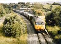 I loved the Oakdale coal trains when I lived in Gwent. The 56's made dramatic noises going downhill or up, and the tramroad converted to a railway had curves, tunnels, disused stations, the lot. This dramatic view (notice the offset platforms, one to the right of the loco') was taken in the final year of operations. The trackbed has been cut by a new road.<br><br>[Ken Strachan /06/1989]