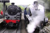 Scene at Grosmont on 29 September with the workaday Standard 4 mogul coming on to take a train forward to Whitby, the fancyKnight having brought it in from Pickering.<br>
<br><br>[Colin Miller 29/09/2009]