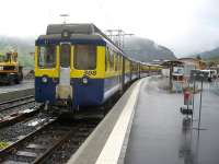 A service from Interlaken Ost arrives at Grindelwald on a wet 12th October 2009. The line to Kleine Scheidegg is served by the platform on the left but was closed due to engineering work as indicated by the plant on the platform. <br><br>[Michael Gibb 12/10/2009]