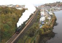 Southern Railway Schools Class 30926 'Repton' sets off from Whitby with the 1100 hrs service to Pickering on 22 October 2009. This is one of the services operated throughout by the North York Moors Railway but using the national network between Whitby and Grosmont.<br><br>[John McIntyre 22/10/2009]