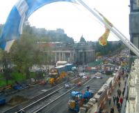 View west along Princes Street over the tram works on 28 October 2009. Taken through a window on the top floor of Marks & Spencer.<br><br>[F Furnevel 28/10/2009]