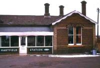 Part of the closed station of Hartfield, Sussex, which saw its last passengers in 1967, seen here in use as a children's nursery in 1974. <br>
<br><br>[Ian Dinmore //1974]