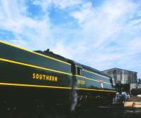 Bulleid <I>West Country</I> Pacific no 21C123 <I>Blackmore Vale</I>, lined out in Southern Railway colours, photographed at Sheffield Park on the Bluebell Railway on 29 July 2001.<br>
<br><br>[Peter Todd 29/07/2001]