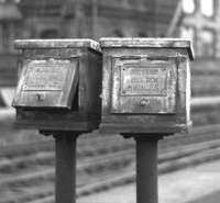 A pair of Firemen's Call Boxes, located on platforms 2&3 at St Enoch station, photographed on Sunday 26 June 1966, the last day of scheduled passenger services.<br><br>[Colin Miller 26/06/1966]