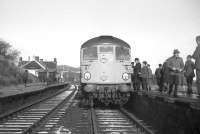 The locomotive and crew of the final westbound Speyside train attracting a lot of attention at Boat of Garten on 2nd November 1968. <br><br>[David Spaven 02/11/1968]