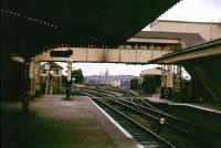 Truro station looking east in 1962. The cathedral visible through the footbridge.<br><br>[John Thorn /08/1962]