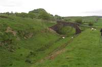 Looking East along the trackbed of the Darvel to Strathaven line, farmer's occupation bridge in foreground, Loudoun Hill behind. Trackbed condition here is such that sleeper indents are still clearly visible (and hard to walk over!). <br><br>[Robert Blane 23/05/2009]