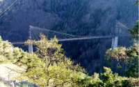 Little Yellow Train. Gisclard suspension bridge viewed from the road to Mont Louis in October 2007.<br><br>[Alistair MacKenzie 16/10/2007]