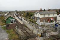 A view south over Seamer station on 20 October 2009 from the bridge carrying the B1261 over the railway. The bridge appears to be a recent addition possibly replacing a level crossing. Evidence for this is presented by the gate and road sign at the right hand end of the former station house!<br><br>[John McIntyre 20/10/2009]