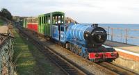 The last southbound train of the day on 19 October 2009 passes what appears to be a closed station on the North Bay Railway at Scarborough. With the North Sea on the right the northern terminus is out of sight behind the rear carriage at a leisure complex.<br><br>[John McIntyre 19/10/2009]