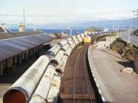 Cement coated pipes wait to head south as a northbound passenger train pulls into Invergordon in 1974. The photographer - working as a 'Senior Railman' for BR at Invergordon during his student holidays - was in the habit of travelling home to Inverness in the rear cab of the Friday pipe train. One particular Friday afternoon, having lost track of time in his nearby lodgings, there was a rap on the door, and there stood the Invergordon signalman who announced.. <I> ...better hurry up to the station - the pipe train's waiting for you!</I><br>
<br><br>[David Spaven //1974]