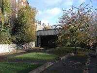 View north east from the site of Junction Bridge station on the North Leith branch on 31 October 2009. Beyond the bridge carrying Great Junction Street a short tunnel gave access to the terminus at North Leith. <br><br>[David Panton 31/10/2009]