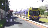 Platform scene at Williamstown, Victoria, on 6 October 2008, with a Connex emu standing in the sunshine at the terminus of the line from Melbourne. The extension that once continued on from here to Williamstown Pier has been lifted. [See image 44865]<br><br>[Colin Miller 06/10/2008]