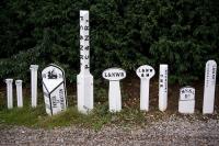 Some of the old railway signs on display at the Statfold Barn Railway centre, Tamworth, in November 2009. [See image 38419]<br><br>[Peter Todd 14/11/2009]