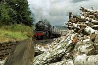 Black 5 no 5025 departs from Boat of Garten past the wood pile with a service for Aviemore on the Strathspey Railway in the summer of 1989. <br><br>[John McIntyre //1989]