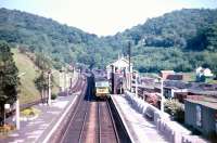 A Hymek brings a Hereford train from the single-line tunnel into  Ledbury station in August 1963. This was originally Ledbury Junction : Ledbury Town  was on the branch line to Newent and Gloucester. The latter branch ran  daffodil-picking trains in the 1930's!<br><br>[John Thorn  //08/1963]