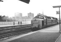 Deltic 55011 <I>The Royal Northumberland Fusiliers</I> arriving at Doncaster with a train from the south on 7 February 1981.<br><br>[Peter Todd 07/02/1981]